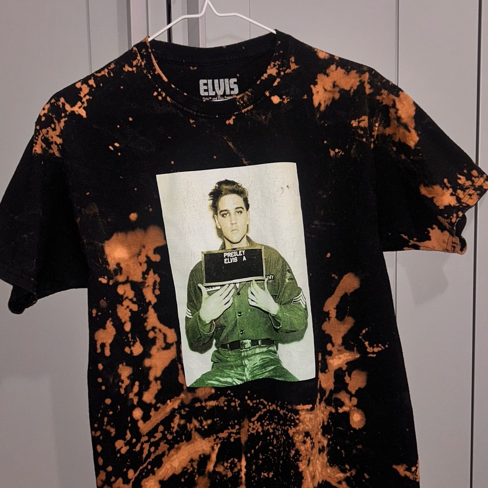 ELVIS Black Tee with Orange Bleach Splatter and Green Photo Print